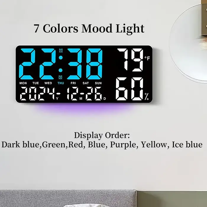 Grande horloge murale numérique avec lumière d'ambiance 7 couleurs
