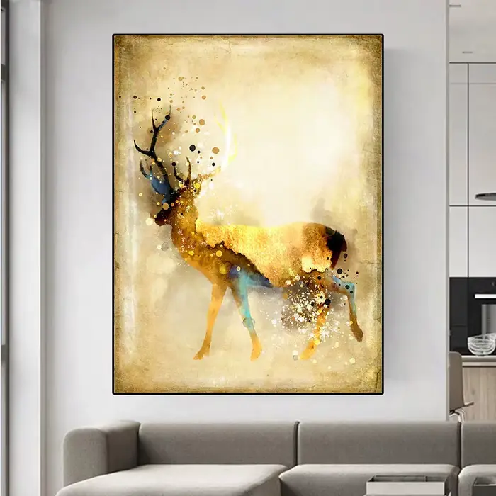 Toile de peinture moderne en forme de cerf et d'élan jaune