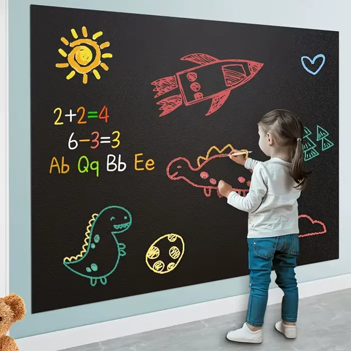 1 rouleau de papier peint auto-adhésif en vinyle détachable pour tableau noir, cinq types de craies