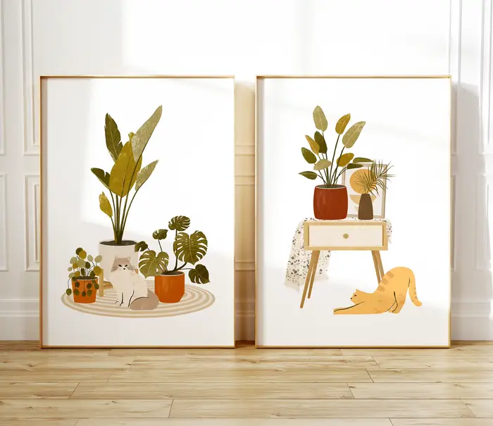 Affiche murale imprimée chat et plante