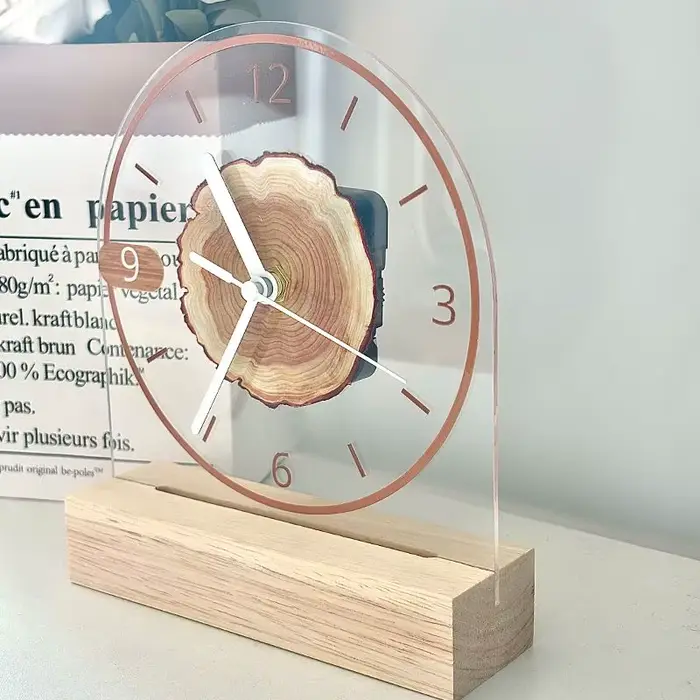 Horloge de bureau minimaliste en acrylique avec base en bois massif – Mouvement silencieux