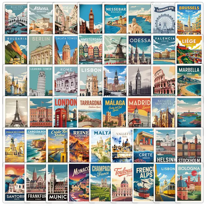 50 autocollants vintage de voyage en Europe, monuments célèbres, affiches décoratives, autocollants 