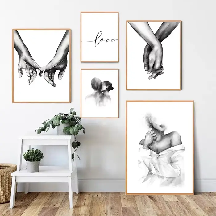 Peinture sur toile nordique minimaliste noir blanc femme Sexy épaule romantique baiser citations amoureux affiches à main et imprimés décor de chambre