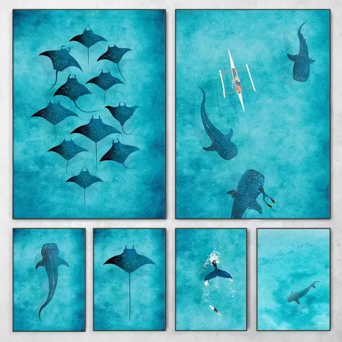 Aquarelle bleue océan organisme marin baleine requin Manta rayons affiche mer plage Surf toile peinture mur Art pour chambre décor à la maison