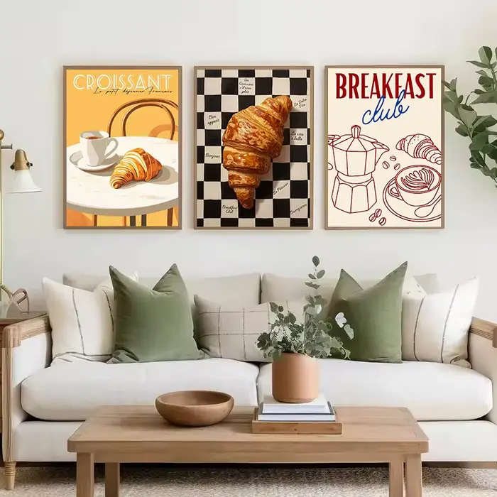 Style rétro Croissant & café petit déjeuner français cuisine nourriture affiche toile peinture mur Art photos maison