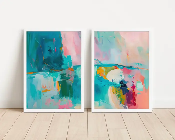 Ensemble de 2 impressions d'art abstrait rose et turquoise vives et colorées, œuvres d'art contempor