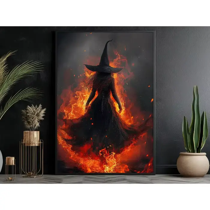 Affiche de décoration murale de sorcière foncée d'halloween, sorcière d'automne dans la forêt avec f