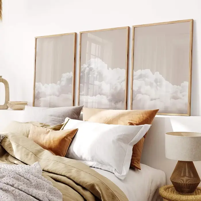 Ensemble de 3 tableaux muraux nuages beiges, affiches nuages blancs, impressions minimalistes ciel, décorations murales modernes pour la maison, peintures sur toile pour la décoration de chambre