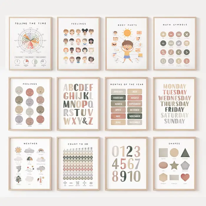 Affiches éducatives Alphabet numéro forme couleurs pépinière mur Art nordique