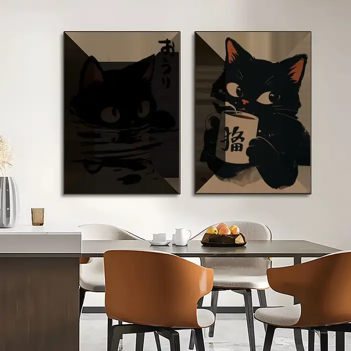 Affiche rétro mignonne de chat noir, décoration murale pour chambre, autocollants imperméables pour la maison, le bar, la chambre à coucher