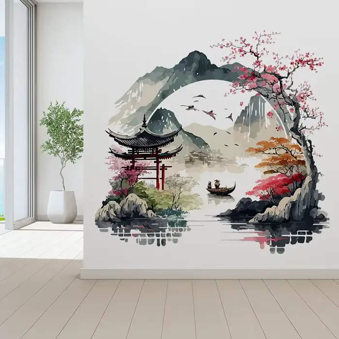 🎊 Autocollant mural Paysage Oiseaux Montagne Rivière pour Fond de Mur