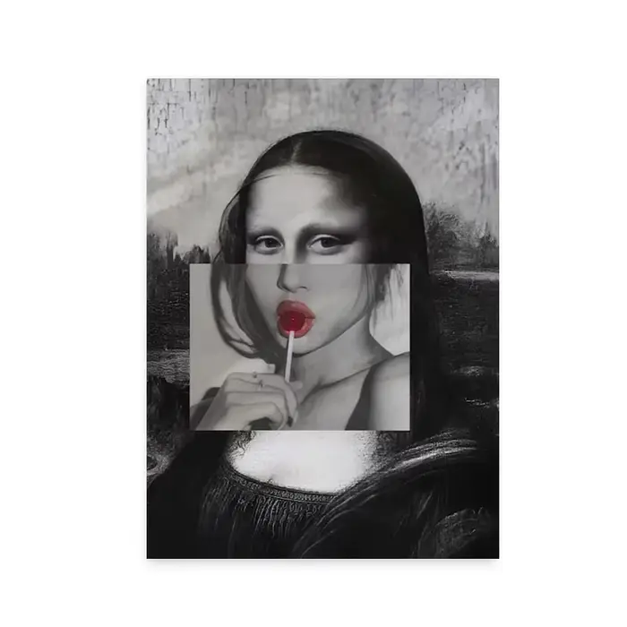 Affiche Pop Art Mona Lisa dans un style collage moderne avec sucette et esthétique rétro-surrealiste