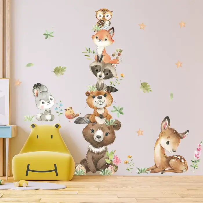 Dessin animé mignon Stickers muraux animaux de la forêt ours lapin aquarelle autocollant mural pour bébé pépinière