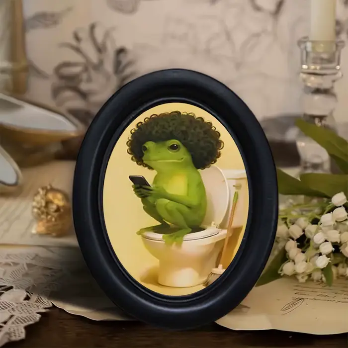 1 pièce de décoration murale amusante en forme de grenouille de toilette avec cadre ovale