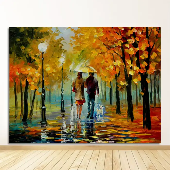 Affiche de paysage de rue de jour de pluie de couple, peinture à l'huile sur toile, photo murale mod