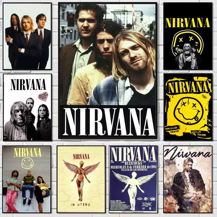 Affiche sur toile de calligraphie de peinture de groupe A-N-Nirvana-Rock: sans plis