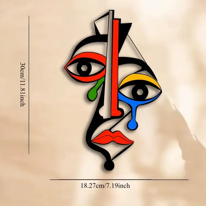Art mural en métal inspiré de Picasso, sculpture de visage cubiste colorée avec un design géométriqu