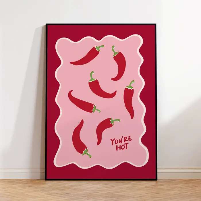 Chili Print You're Hot Wall Art, affiche rétro Chilli Pepper, décor de cuisine mignon, impression ro