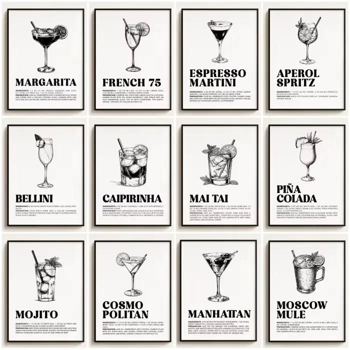 Affiche d'art vintage de recettes de cocktails à l'ancienne, impression d'art à l'encre de cocktail rétro, peinture sur toile, art mural, image pour la décoration de la maison
