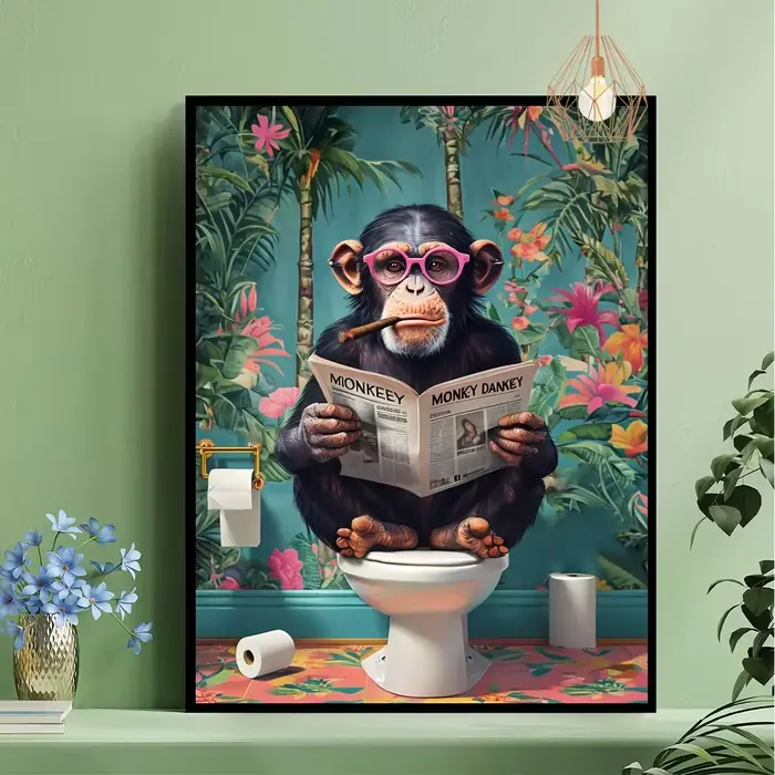 Un gorille drôle sans cadre lisant un journal sur la toilette peinture sur toile pour la décoration