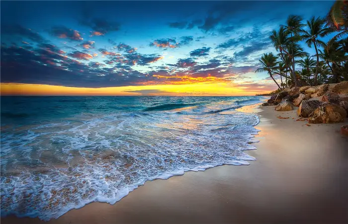 Toile de peinture avec nuages de coucher de soleil de plage, arbre de noix de Coco, affiches et impr