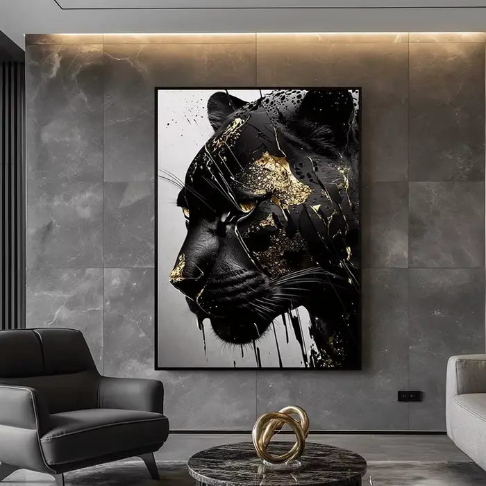 Affiches et imprimés d'art mural abstrait panthère noire et dorée