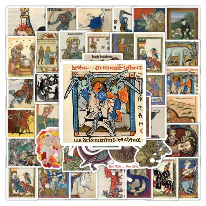 50 autocollants rétro à motifs d'art médiéval pour DIY, téléphone, ordinateur portable, bagages, skateboard, graffiti – Amusants pour enfants, jouets, cadeaux de fête
