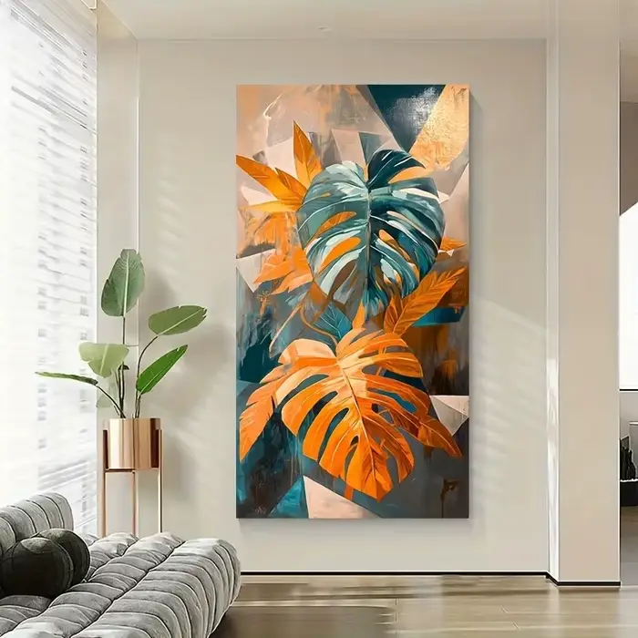 Affiche de feuilles de palmier bleues et orange vibrantes