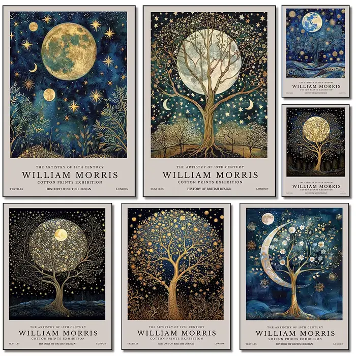 Affiche rétro William Morris lune et étoiles