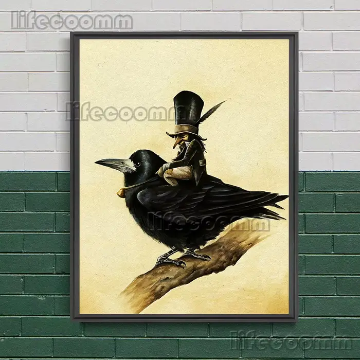 Toile d'art mural Vintage, elfes montant sur corbeaux et seins, peinture sur l'elfe sur le sauterell
