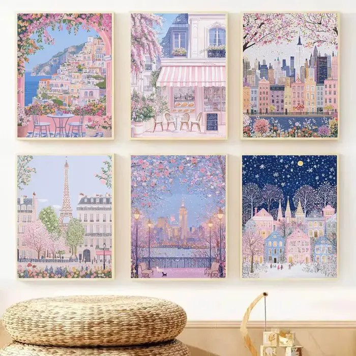 1pc moderne paysage urbain voyage murale fleurs roses Nature