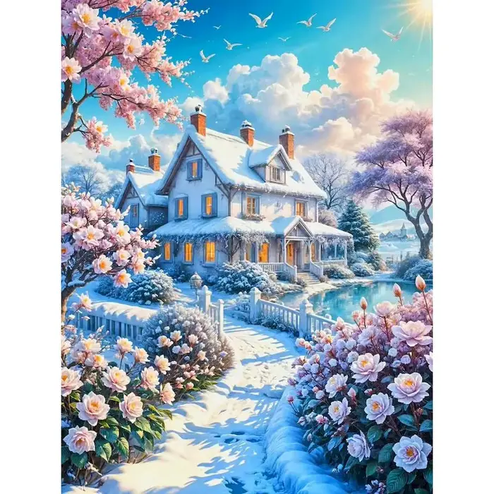 Peinture par numéros Maison de Neige 40x50cm, Décoration Murale, Paysage Facile à Peindre, Acrylique