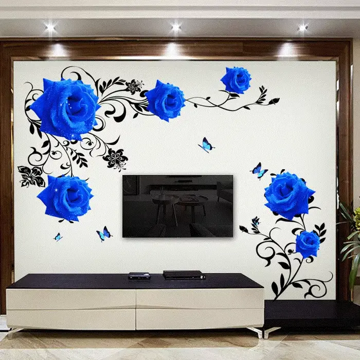 Autocollants muraux de fleurs de rose bleue de grande taille, fond de canapé et de télévision, décor