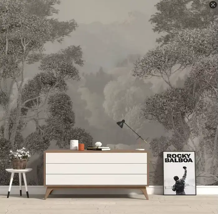 Papier peint personnalisé, peinture à l'huile, art forestier, murale de jungle, décoration intérieure, brouillard forestier, matin de l'aube, décoration murale forestière
