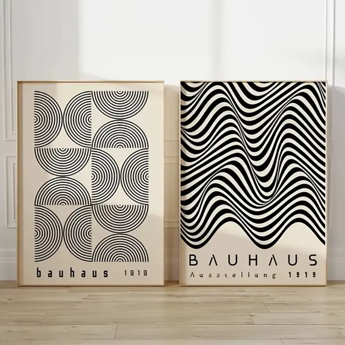 Deux peintures sur toile noires et blanches de Style Bauhaus rétro
