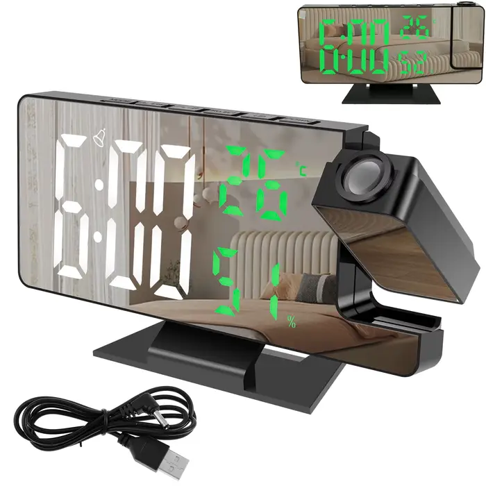 Réveil numérique LED, horloge de projection avec 180 ° Miroir de projecteur rotatif