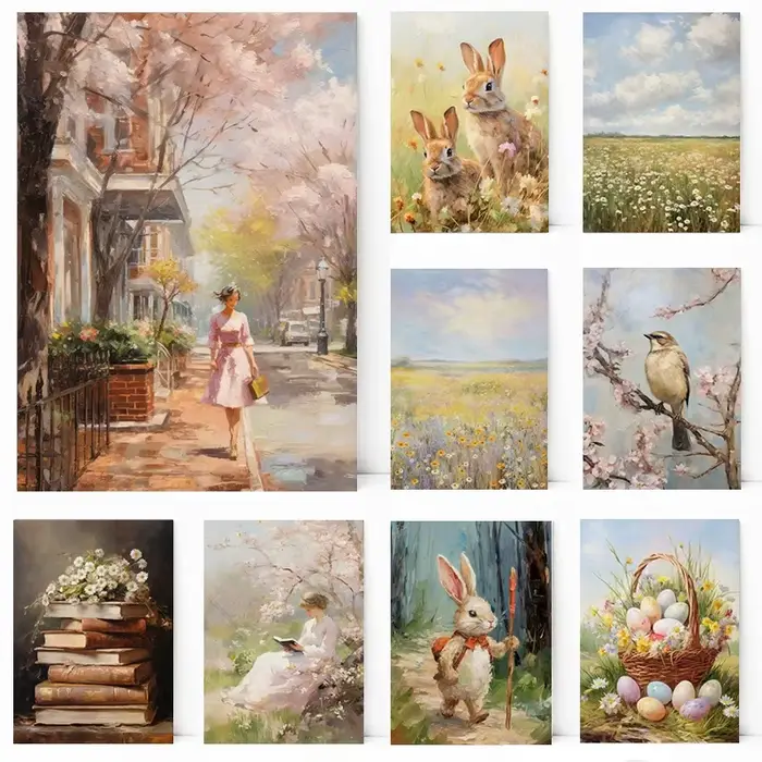 Affiche de printemps et de Pâques, champ de fleurs sauvages de printemps, famille de lapins, ville, lapin de Pâques, peinture sur toile, art mural, image, décoration de la maison