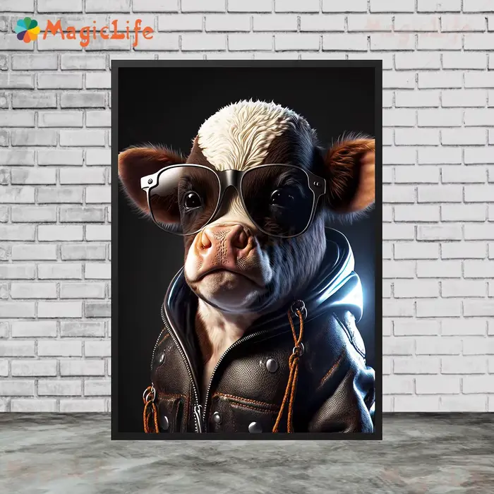 Cool Cow Like A Human Art Poster, Vintage Wall Art, Peinture sur toile, Vache avec des lunettes et u