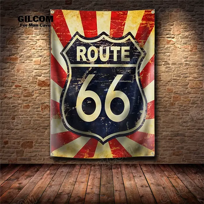 America's Route 66 US Mother Road rétro bannière drapeau affiche mur Art décoration AD Vintage signe homme grotte Garage Pub Club Bar