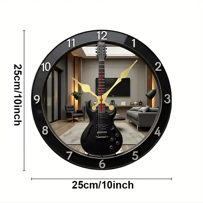 Horloge murale suspendue silencieuse ronde en bois en forme de guitare électrique plate 2D, pour salon, bureau, salle d'étude, chambre à coucher, décoration de la maison