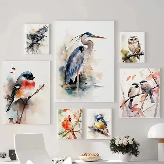 Toile d'art mural aquarelle oiseau, peinture Heron Robin Chickadee, affiche d'oiseau naturel pour salon, décoration de maison neutre, cadeau