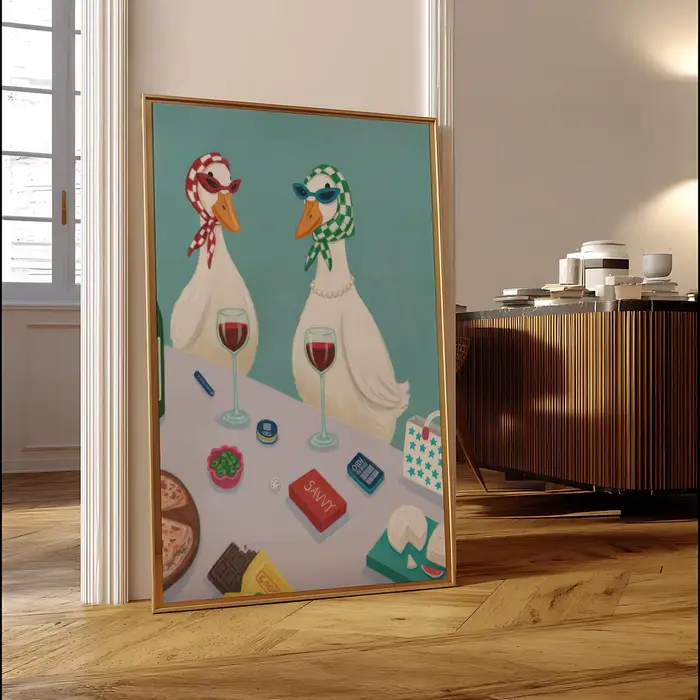Affiche imprimable en toile d'art mural de vin de canard drôle avec une élégante scène de fromage