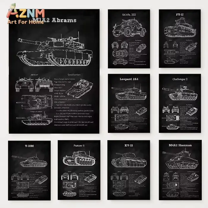 Affiche noire avec dessin technique de chars