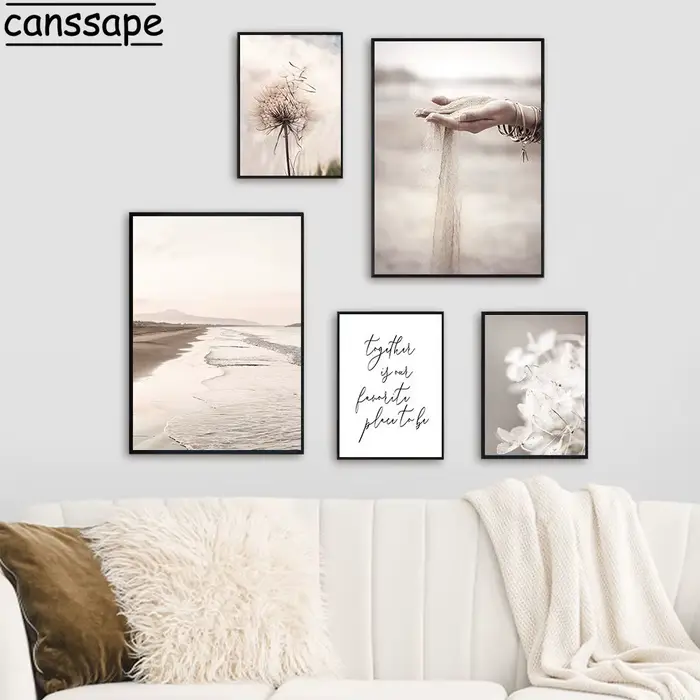 Toile de peinture de paysage Beige, roseau, pissenlit, fleur, images murales, mer, plage, sable, main, affiches nordiques, décor de salon