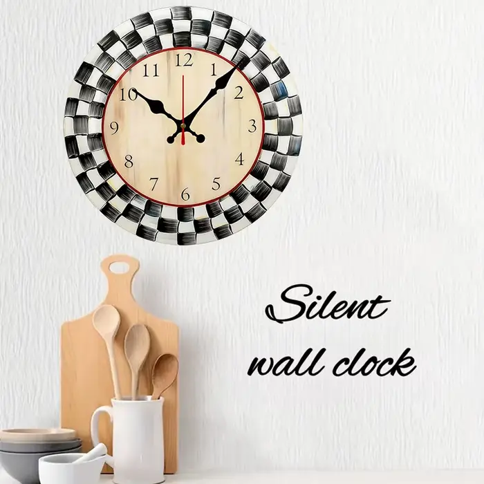 Horloge murale suspendue silencieuse ronde en bois à grille noire et blanche