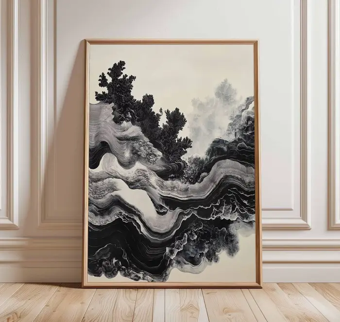 Affiche minimaliste abstraite à lignes fluides noires et blanches, paysage à l'encre, images d'art murales imprimées, peinture sur toile, décoration de maison pour salle