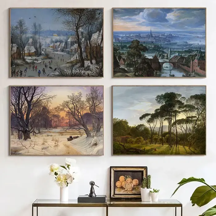 Toile peinture nordique automne ferme rurale forêt montagne rivière paysage rétro impression mur Art photo décor à la maison décoration murale