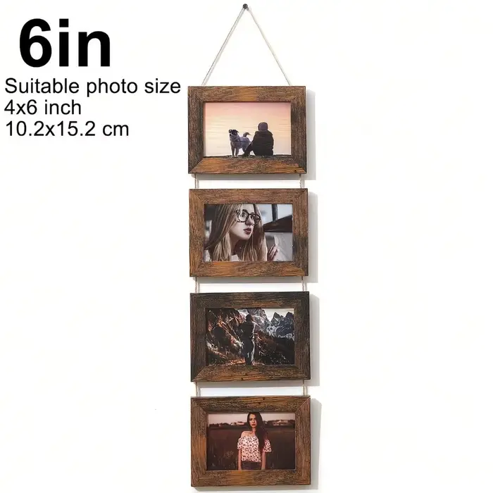 Collage de cadres photo muraux vintage en bois avec corde de chanvre, idéal pour la décoration murale des salons, chambres et dortoirs