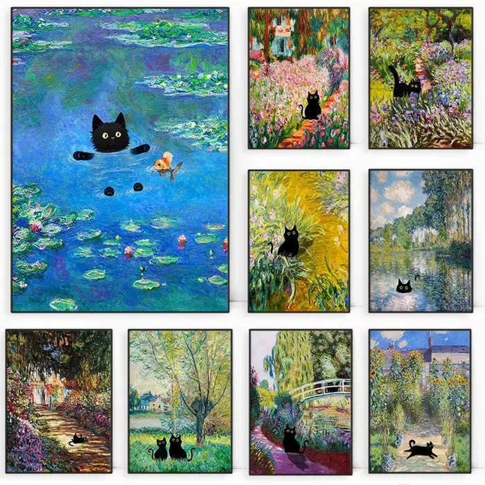 Claude Monet œuvres d'art intéressant mignon chat noir Lotus étang affiche toile peintures mur Art photos pour salon décor à la maison