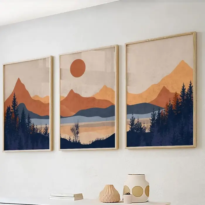 Lot de 3 affiches murales abstraites minimalistes bleues en terre cuite
